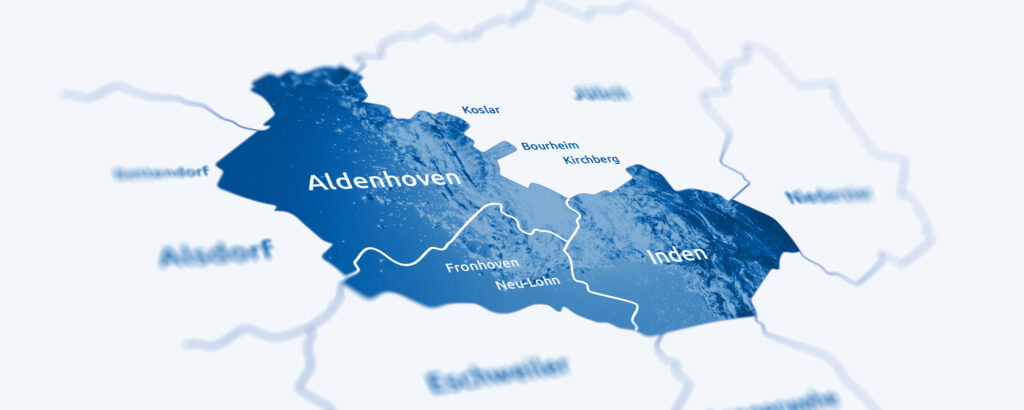 Karte mit blauem Farbton: Aldenhoven, Inden und Nachbarorte sind markiert, weiße Umrandungen kennzeichnen die Regionen.