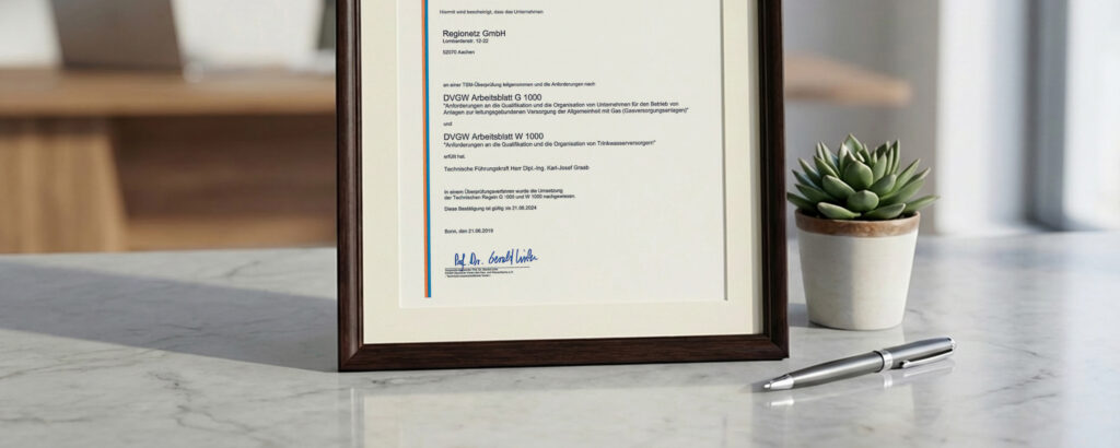 Foto von einer gerahmten Urkunde auf einem Marmorschreibtisch neben einem kleinen Kakteengewächs und einem silbernen Stift bei Tageslicht.